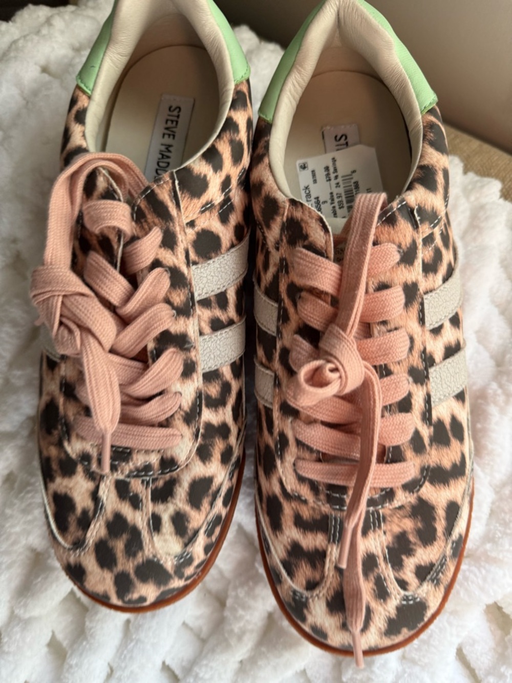 Steve Madden Leopard Print Sneakers with Pink Laces and Mint Heel
